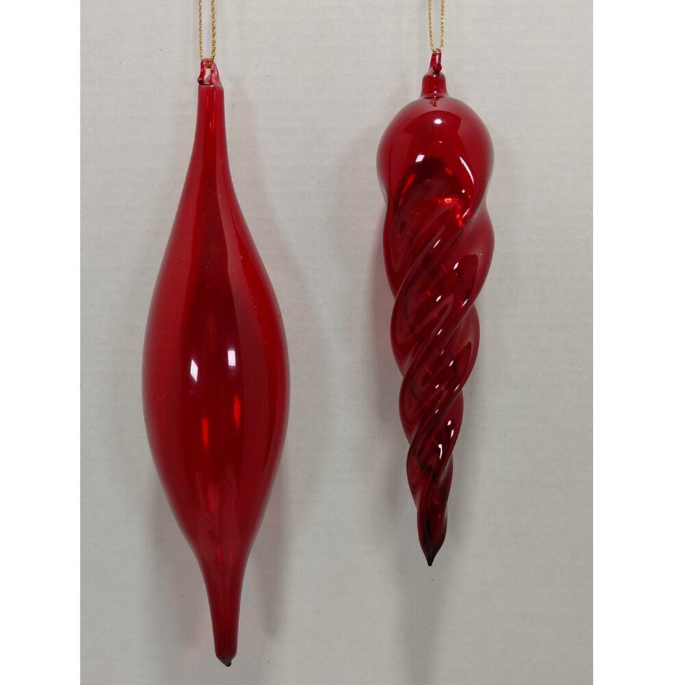 Vintage Christmas Ornaments Red Hand Blown Glass Tear Drop and Spiral Icicles